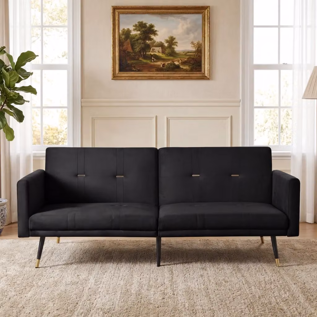 Divano letto MIVRAY a 2 posti in velluto nero con schienali regolabili e funzione letto per soggiorno o camera da letto L: 164 cm, P: 70 cm, H: 70 cm – 2