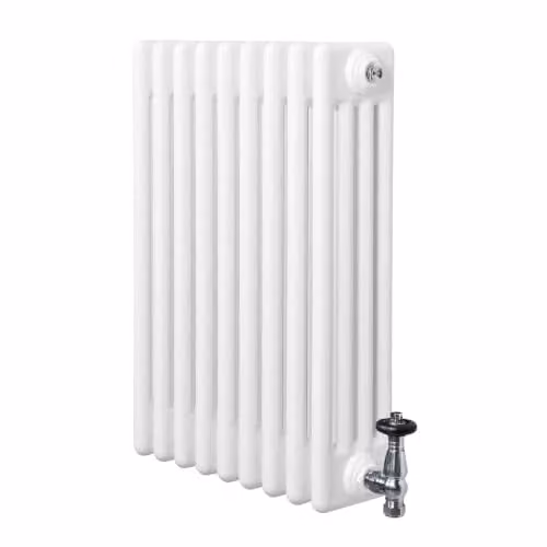 Radiatore Tradizionale a 4 Colonne 600 x 425 mm & Valvole Riscaldamento Centrale Orizzontale Bianco Opaco in Acciaio al Carbonio con Staffe Kit di Fissaggio e Spazzola Pulizia