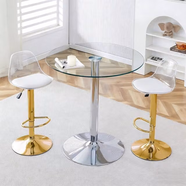 Tavolo da pranzo rotondo in vetro con 2 sgabelli regolabili e girevoli, per cucina, bar e lounge moderne, 89 cm