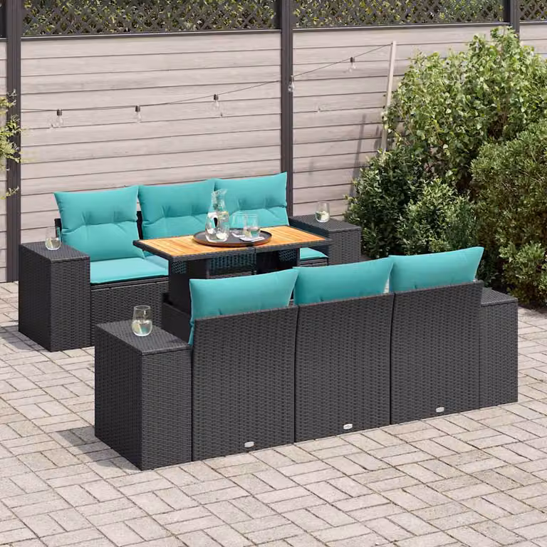 Set Divano da Giardino a L con Cuscini vidaXL in Polyrattan e Acciaio, 7 Pezzi, Colore Nero e Blu