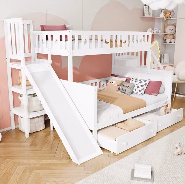 Letto a castello in legno massello 90x200/140x200 cm con scivolo; scala; cassetti e rete a doghe bianco