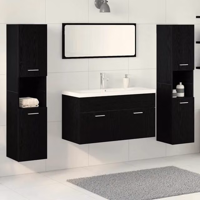 Set di mobili per il bagno moderno vidaXL in legno e metallo nero con mobile lavabo sospeso L: 90,0 cm, P: 38,5 cm, H: 54,6 cm