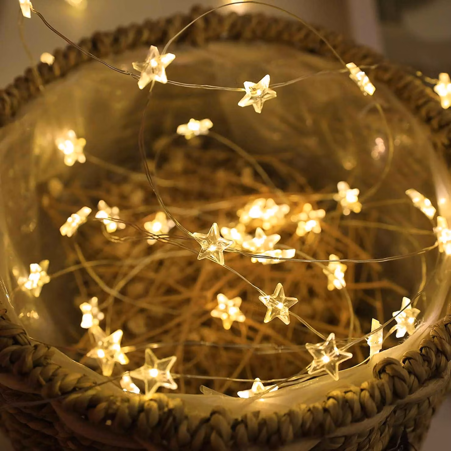 Catena luminosa con 20 stelle a LED, lunghezza 1 metro, alimentazione a batteria, luce bianco caldo