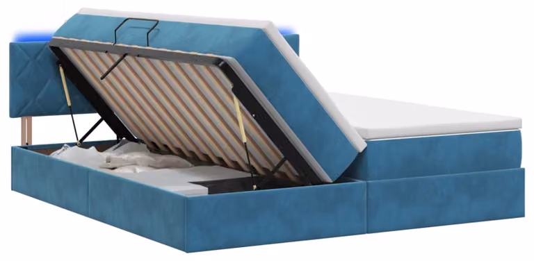 Letto imbottito con tecnologia LED e materasso, colore blu scuro, dimensioni 180 x 200 cm, rivestito in velluto