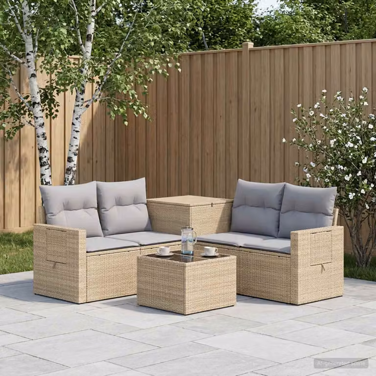 Set di divani da giardino vidaXL in polyrattan con tavolo da caffè, 6 pezzi, Beige e Grigio Chiaro