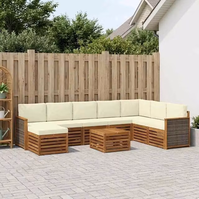 Set di divani da esterno a L vidaXL in legno di acacia con tavolino e pouf, colore beige e bianco, 9 pezzi – 1