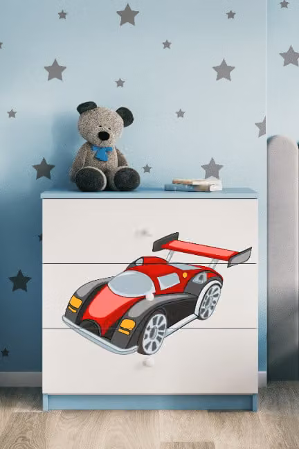 Cassettiera per bambini con cassettiera auto da corsa nel colore blu Babydreams