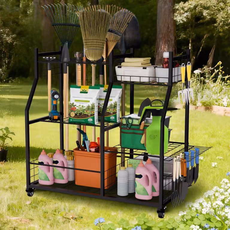 Porta-attrezzi da giardino con ruote, organizer in metallo resistente