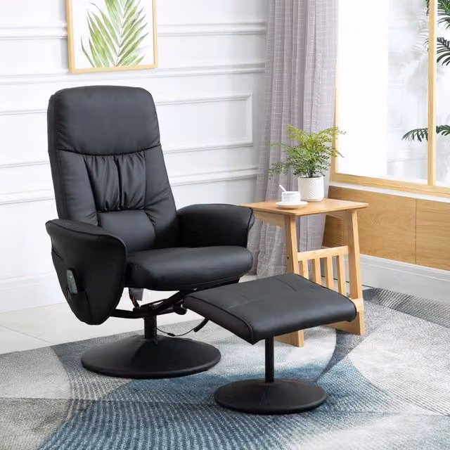 Poltrona relax massaggiante girevole con schienale reclinabile e pouf in similpelle nera 76 × 81 × 105 cm