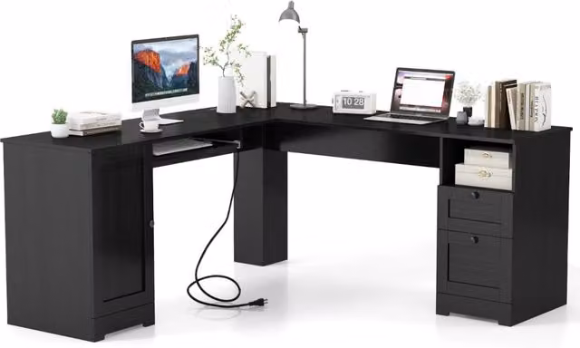 Scrivania a L per gaming lavoro e scrittura 168 x 168 x 76 cm, Scrivania angolare moderna con 2 prese Nero