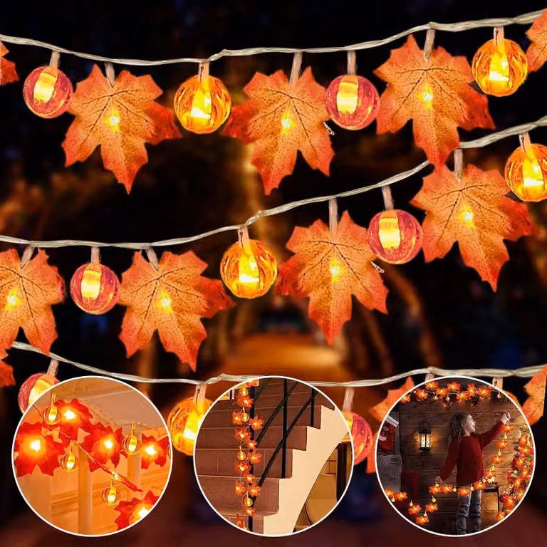 Catena luminosa a forma di foglie d'acero, 6 metri, 40 LED, decorazione autunnale, zucca, grado di protezione IP65