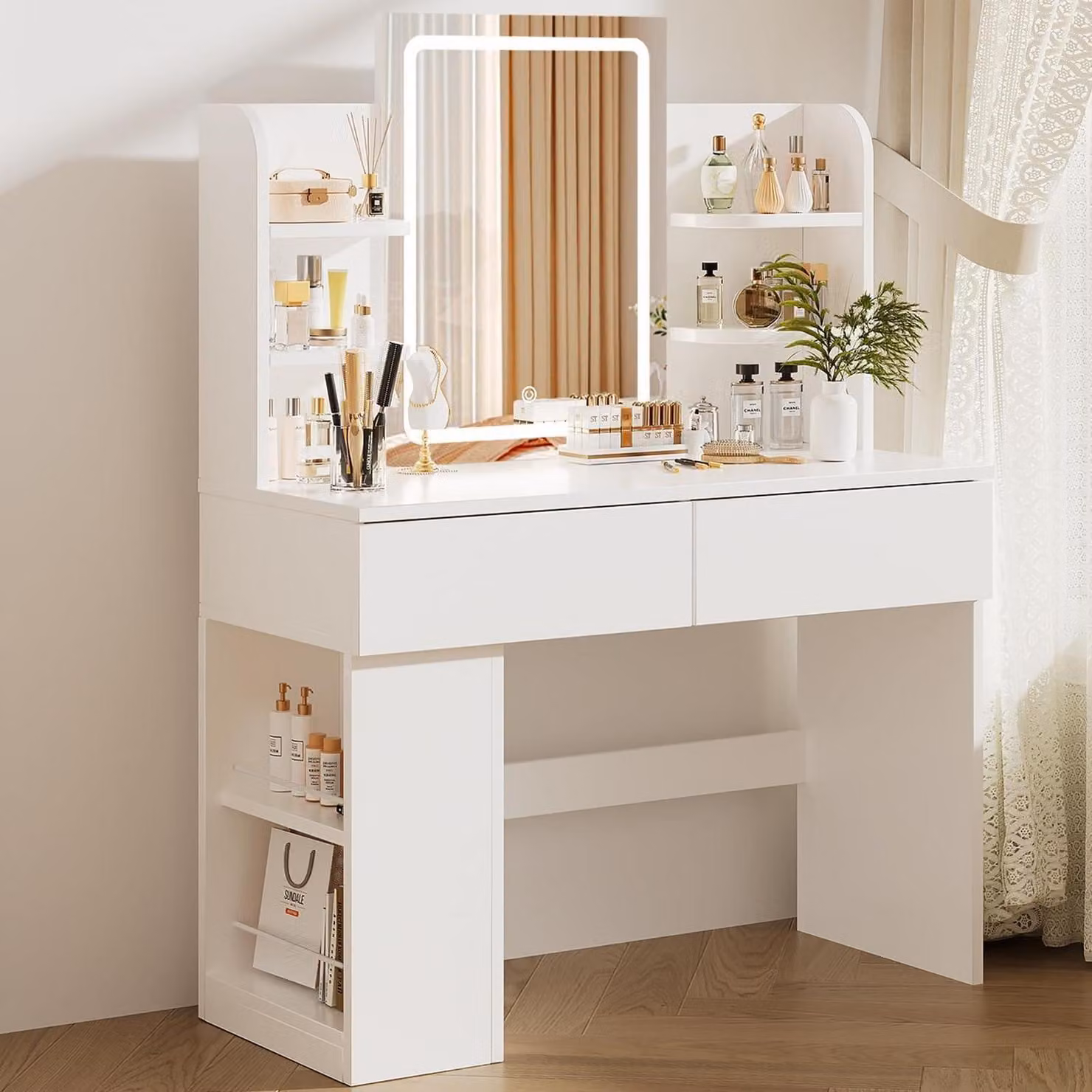 Comò da trucco con illuminazione, specchio, 3 temperature di colore, 2 cassetti, bianco