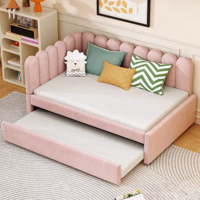 Letto divano 140 × 200 cm con letto estraibile e schienale a petalo, senza materasso, velluto rosa
