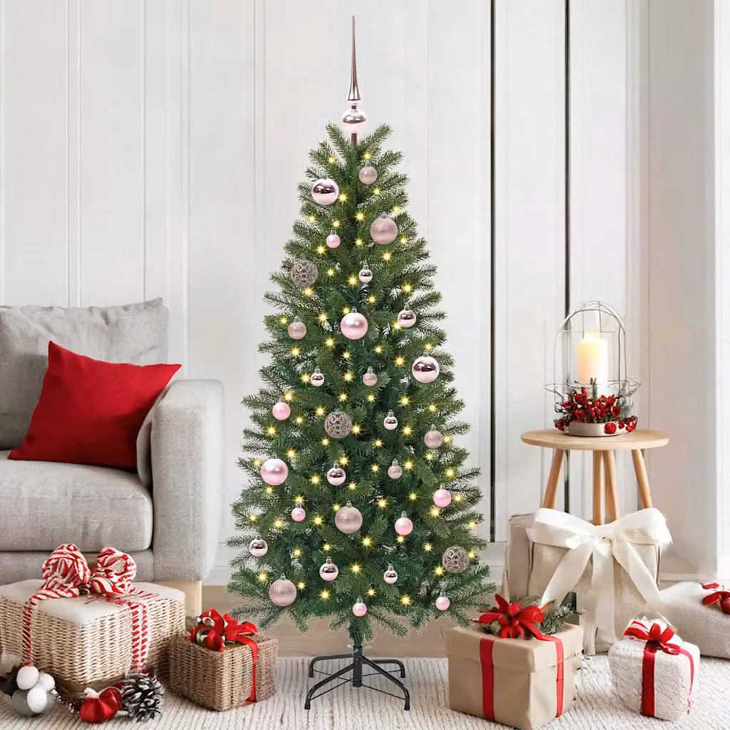 vidaXL Set di 61 Palle di Natale in Plastica Rosa e Bianca con 150 LED Bianco Caldo e Alimentazione USB, Diametro: 6 cm