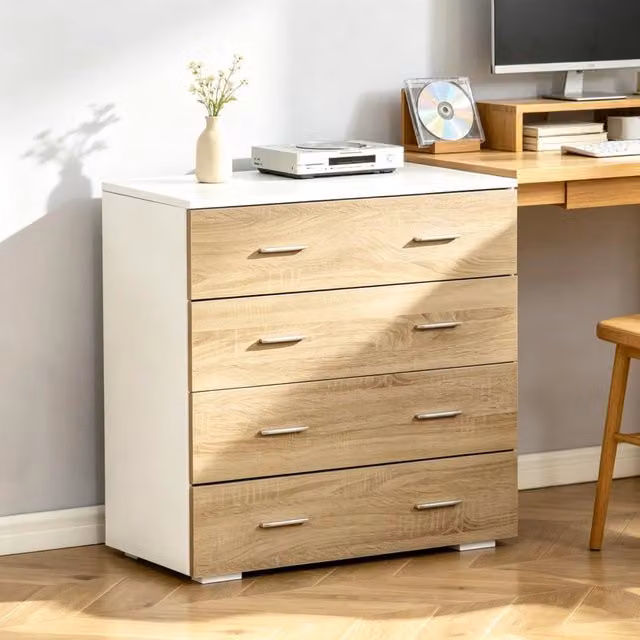 Comò OKWISH moderno con 4 cassetti in legno e metallo, bianco e beige, L: 76 cm, P: 35 cm, H: 72 cm