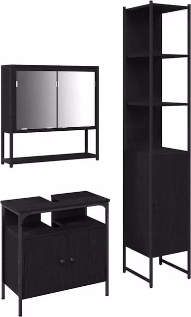 Set di mobili per il bagno minimalista composto da mobile lavabo, armadio specchio e colonna alta in legno effetto rovere nero opaco L/P/H: 43,9 x 33,0 x 185,5 cm