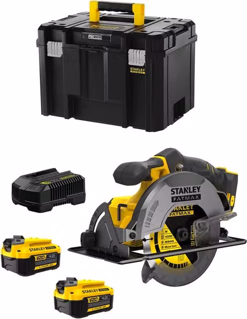 Sega Circolare Stanley FatMax SFMCS500M2T Gialla con 2 Batterie da 4,0 Ah, Caricabatteria e Contenitore TSTAK VI