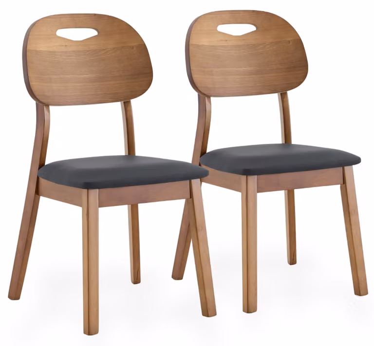 Set di 2 sedie da pranzo in legno massello nordico, con schienale sagomato e braccioli, seduta imbottita in ecopelle, struttura in legno di gomma, colore nero