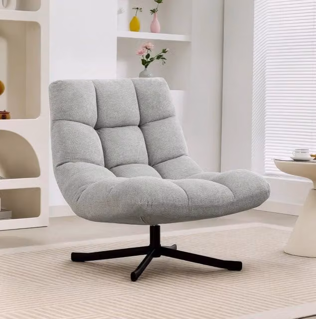 Poltrona girevole ULEVR 360¡ã in ciniglia grigio chiaro, seduta larga 75 cm e gambe incrociate in acciaio