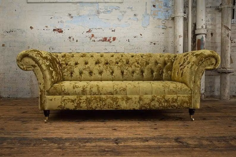 XXL Big Sofa 3 Sitzer Couch Chesterfield Polster Sitz Garnitur Leder Gelb