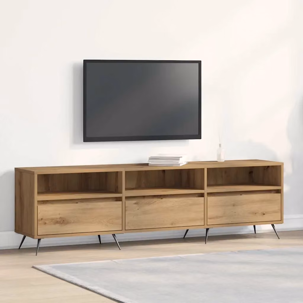 Mobile TV minimalista in rovere e metallo marrone con scomparti multimediali L: 150 cm, P: 30 cm, H: 44,5 cm – 2
