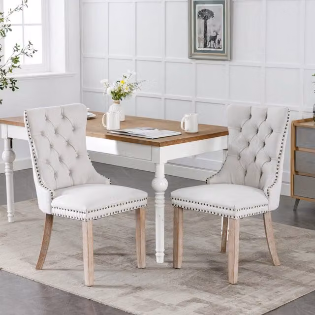 Set di 2 sedie da pranzo Xylo imbottite in lino beige con gambe in legno massello di gomma in stile mid-century
