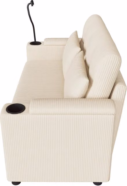 Divano lineare 2 posti con contenitore, porte USB e tipo C, portabicchieri e cuscini in tessuto a coste beige