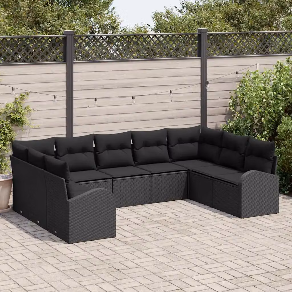 Set di divani da giardino vidaXL 9 posti in rattan nero con cuscini imbottiti e struttura in acciaio – 1