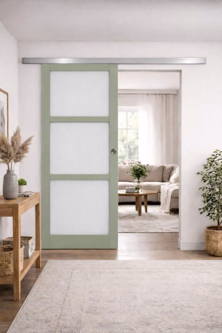 Porta scorrevole verde chiaro con vetro H204 x L73 cm, binario in alluminio, gusci GD MENUISERIES