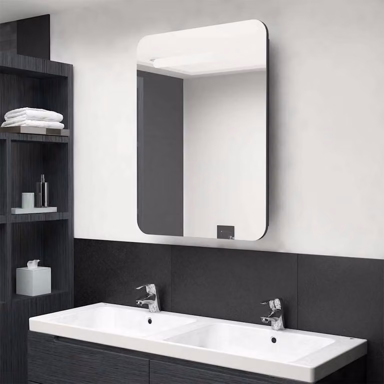 Armadietto da bagno con specchio e illuminazione LED vidaXL Nero lucido L: 60 cm, P: 11 cm, H: 80 cm