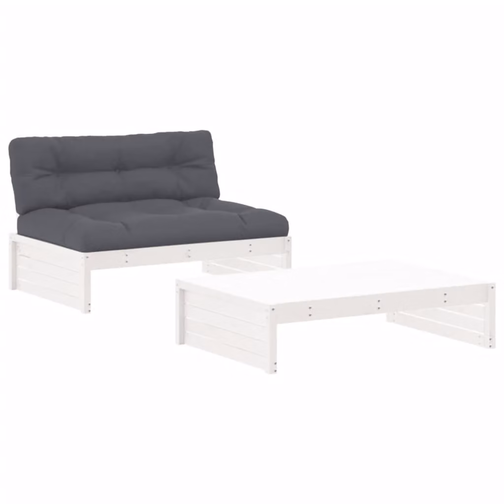 Set Divani da Giardino 2pz con Cuscini in Legno Massello Bianco