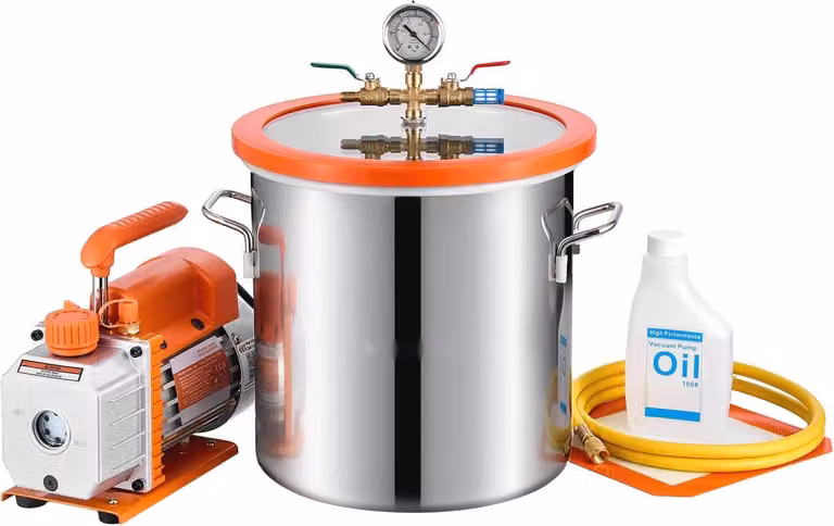 Camera a vuoto con pompa per vuoto - Volume 11,4 L - Flusso d'aria 3,5 CFM (99 L/min) - Pompa per vuoto monostadio - Potenza 180 W - Per la stabilizzazione del legno e il degasaggio della resina siliconica