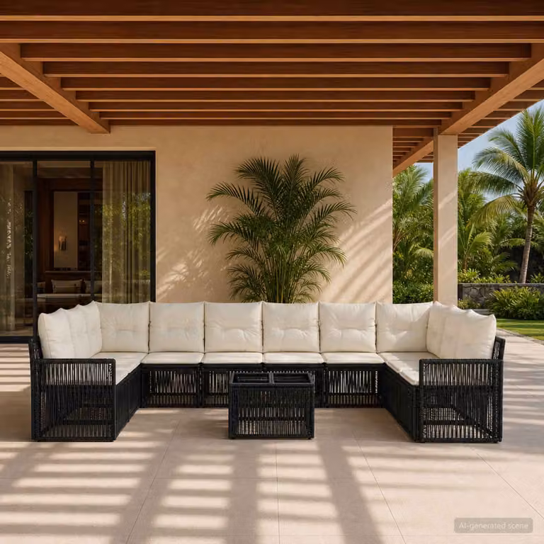 Set Divano da Giardino vidaXL 11 Pezzi a Forma di U con Tavolino, Colore Nero e Bianco Crema, Struttura in Metallo e Polyrattan con Cuscini Inclusi