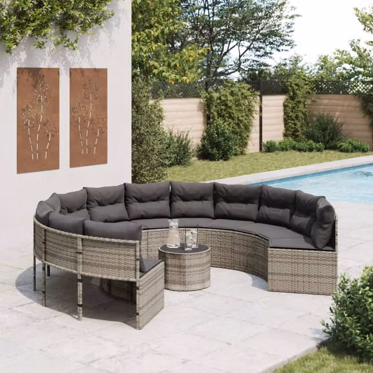Set da giardino vidaXL con divano a tre posti a forma di U, tavolo da caffè e cuscini, colore grigio