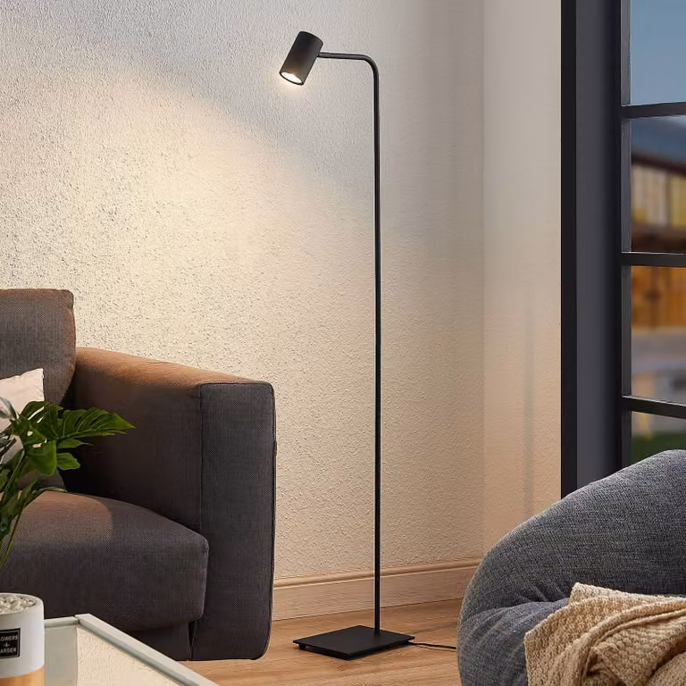 Lampada da terra Sanad Lindby, Nero, Soggiorno / Sala da pranzo, Metallo, Moderno, Lampada da terra