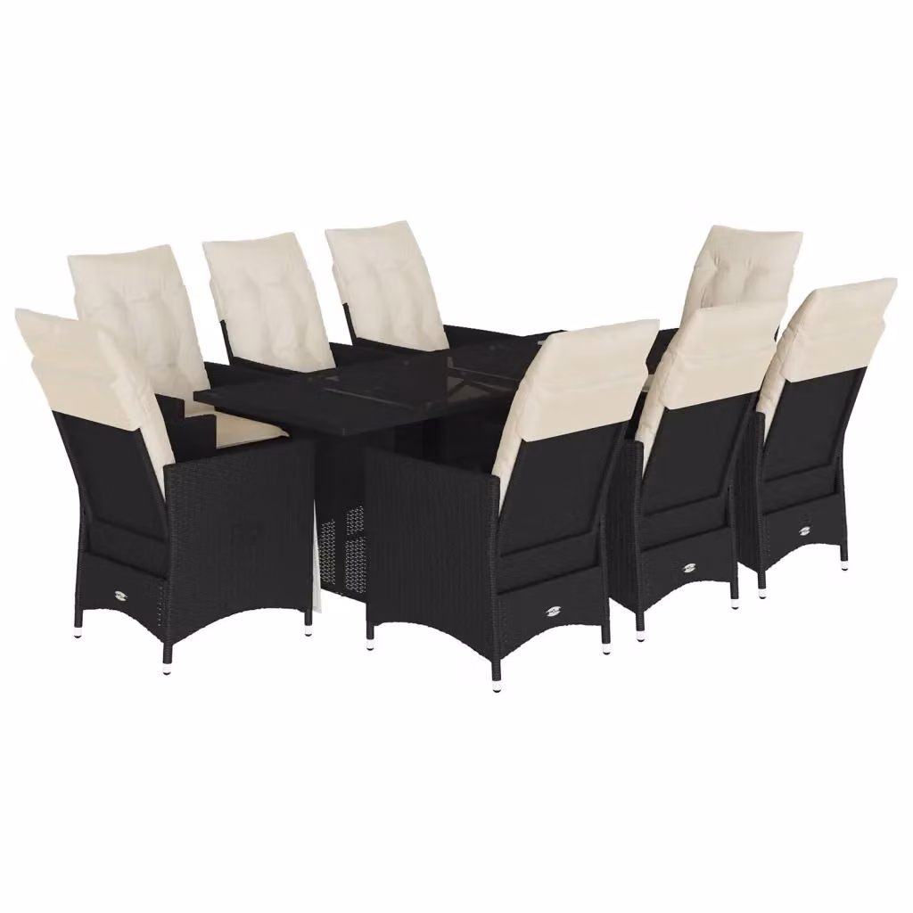 Set da pranzo da giardino vidaXL in polyrattan nero con cuscini bianchi e tavolo in vetro per 9 persone – 2