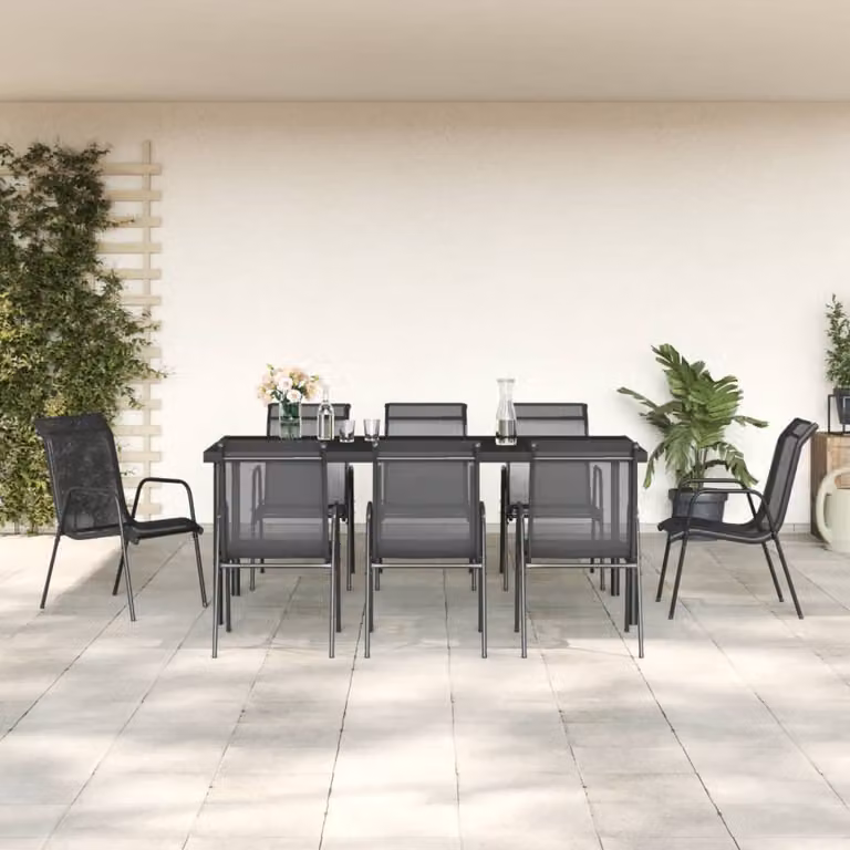 vidaXL Set da Pranzo da Giardino Moderno in Acciaio Verniciato a Polvere e Vetro, 9 Pezzi, Nero e Antracite, L: 190 cm, P: 90 cm, H: 74 cm