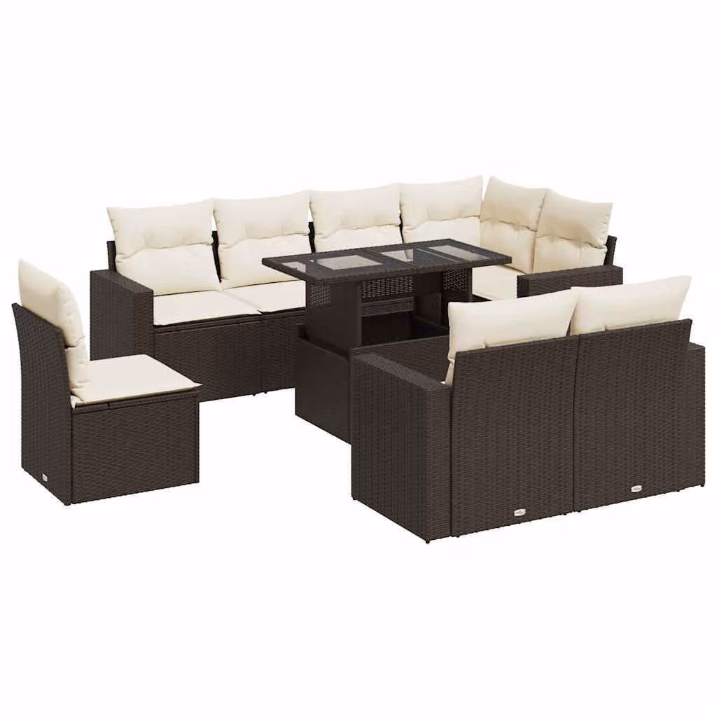 Set Divani da Giardino 9pz con Cuscini Marrone in Polyrattan