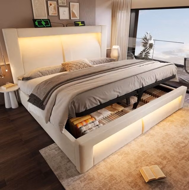 Letto matrimoniale 140x200 cm beige con contenitore, LED e porte USB/Type-C