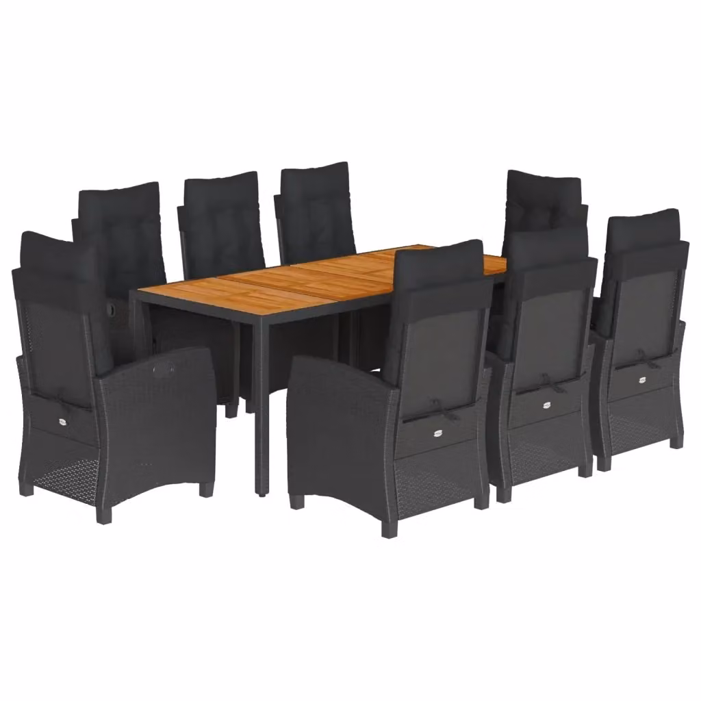 Set da Pranzo da Giardino vidaXL in Polyrattan Nero con Cuscini e Tavolo in Legno di Acacia 9 pz – 2