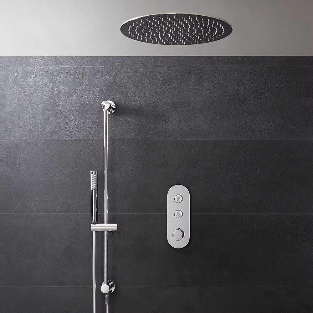 Set Doccia Termostatico a Pulsante con Soffione Doccia da Incasso e Doccetta con Asta Saliscendi (2 Vie) - Cromo - Idro