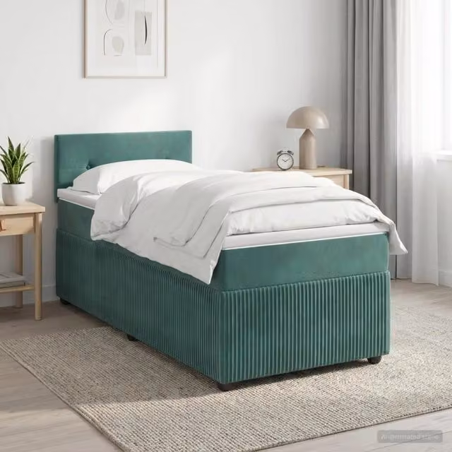 Letto box spring con materasso vidaXL in velluto verde scuro e bianco, base con contenitore a sollevamento, L/P/H: 100 x 200 cm