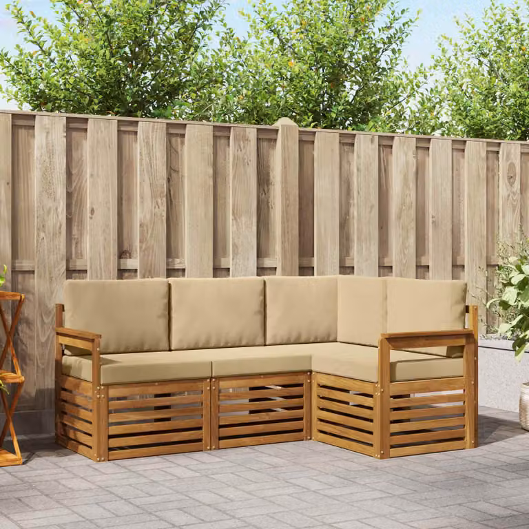 Set di divani da esterno a L vidaXL in legno di acacia con cuscini, Beige e Marrone