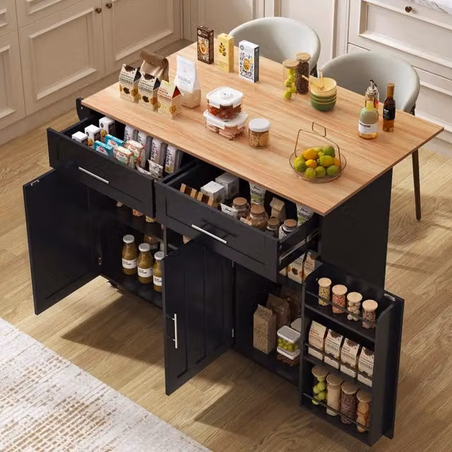 Carrello da cucina nero con piano di lavoro pieghevole 129 x 46 x 91,5 cm e cassetti