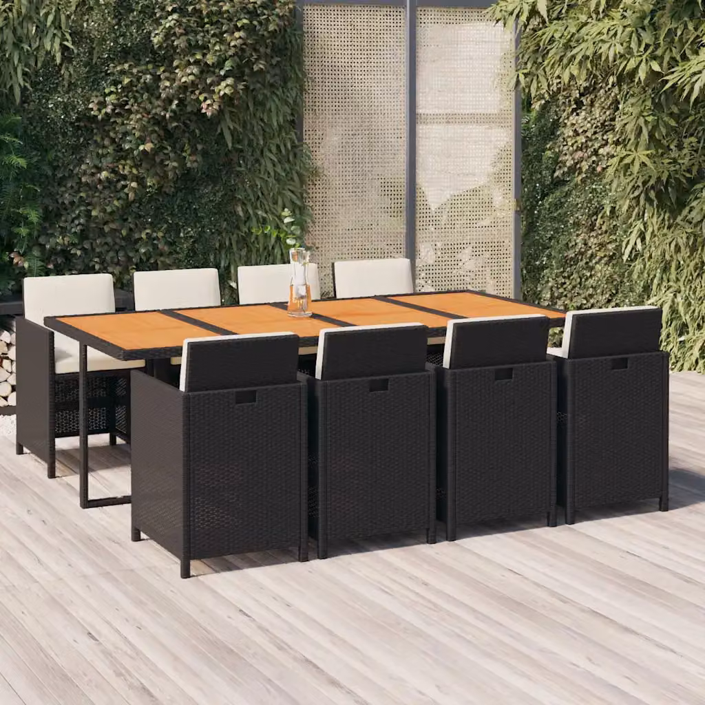 Set da pranzo da giardino vidaXL in polyrattan e legno di acacia con 9 pezzi e cuscini, colore nero e bianco