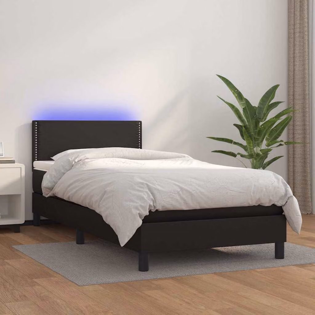 vidaXL Giroletto a Molle con Materasso e LED Nero in Similpelle, L/P: 90 x 190 cm – 1