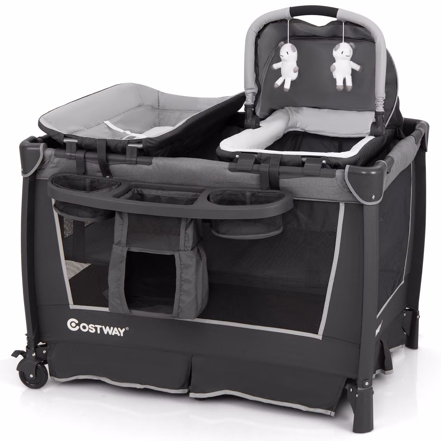 Costway Lettino da viaggio 5 in 1 pieghevole con culla removibile, fasciatoio, materasso in schiuma, box per bambini e ripiano portaoggetti, Grigio