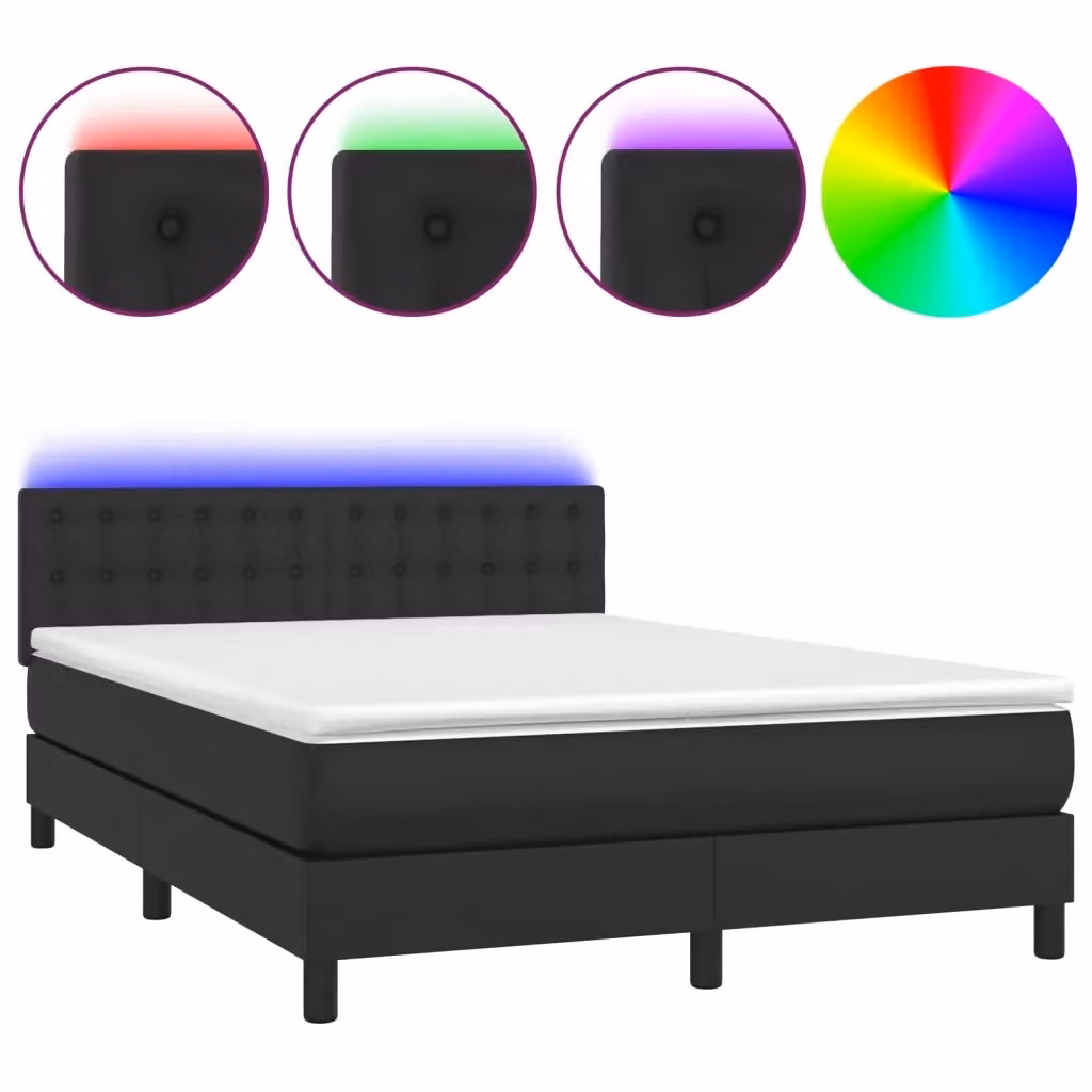 vidaXL Giroletto a Molle con Materasso e LED Nero in Similpelle, L/P/H: 140 x 200 cm – 2