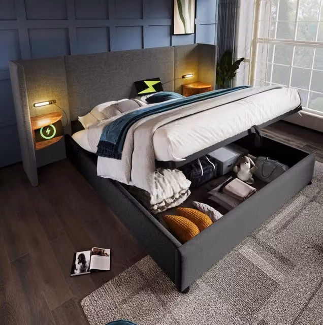Letto matrimoniale contenitore 160x200 cm in lino grigio con luce da lettura; USB-C e ripiano