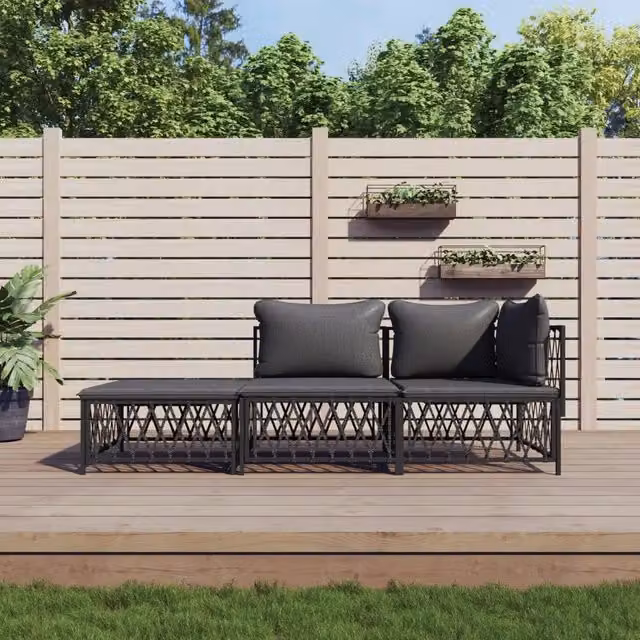 Set Salotto da Giardino vidaXL a Forma di L in Acciaio Antracite e Textilene con Cuscini, 3 Pezzi
